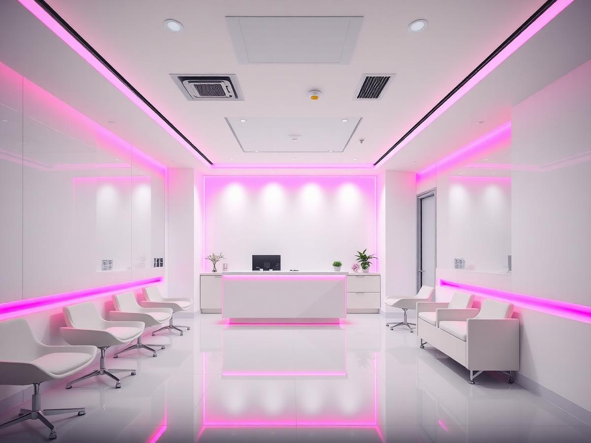 Modern dental clinic interior with pink accent lighting